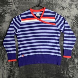 Adidas Sweater Womens XL Purple Blue Striped Crossover V-Neck Long Sleeve Knit